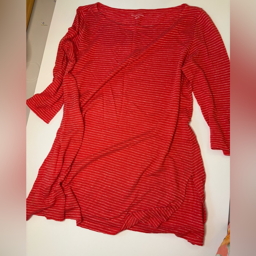 Eileen Fisher Red Striped Boatneck Tunic organic linen